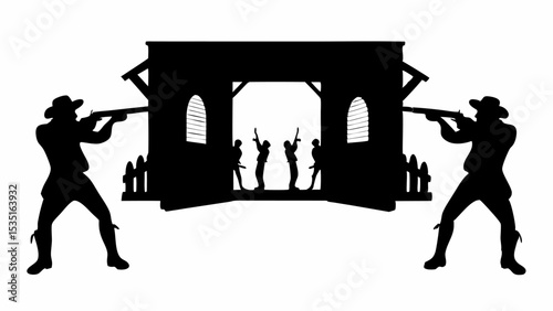 Silhouette of a western standoff with cowboys pointing guns at a building with figures inside the door frame | eps vectors