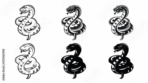 Collection of six stylized snake illustrations in varying shades of black and white tones design | eps vectors silhouette