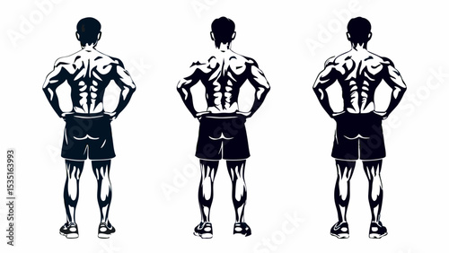 Three muscular men standing with hands on hips showing back muscles in black and white illustration | eps vectors silhouette
