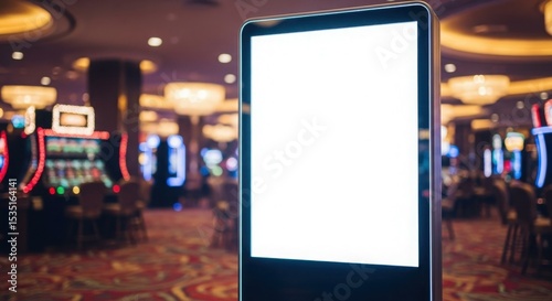 A blank digital sign stands in a casino environment with slot machines and a blurred background.