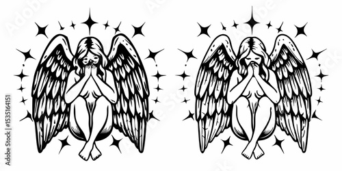 Two identical black and white illustrations of angels with wings surrounded by stars in the background | eps vectors silhouette
