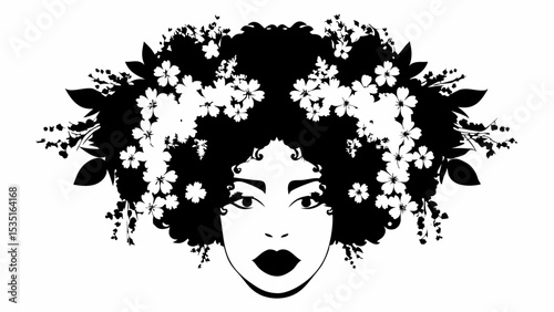 Woman's face with afro hairstyle decorated with white flowers and leaves in black and white vector art | eps vectors silhouette