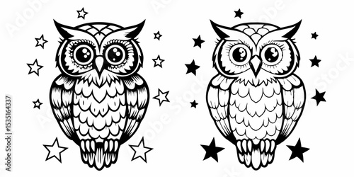 Two stylized owls surrounded by stars in black and white line art illustration style drawing design | eps vectors silhouette