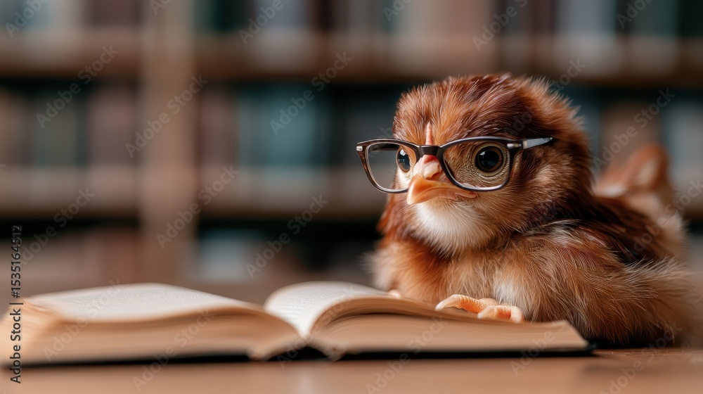 A fluffy chick wearing glasses intently examines an open book in a library, exuding charm and whimsy in an educational and humorous context. A fluffy chick wearing glasses intently examines an open book in a library, exuding charm and whimsy in an educational and humorous context.