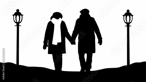 Silhouette of an elderly couple holding hands walking under streetlights in winter landscape scene outdoors | eps vectors