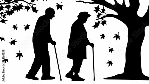 Silhouettes of elderly couple walking with canes under a tree with falling leaves in black and white | eps vectors