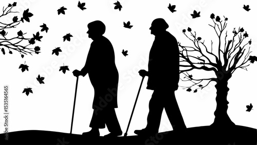 Silhouette of elderly couple walking with canes under falling leaves near a bare tree in autumn | eps vectors