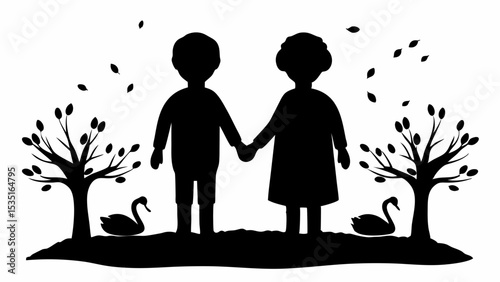 Silhouette of couple holding hands with swans and trees in a black and white landscape view image | eps vectors