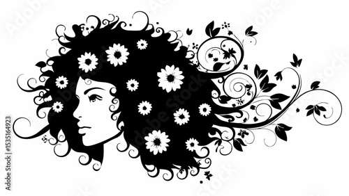 Silhouette of a woman with floral hair and decorative swirls and leaves in black and white design art | eps vectors