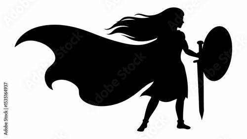 Silhouette of a female warrior with cape holding sword and shield in a heroic pose on a white background | eps vectors