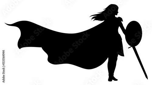 Silhouette of a female warrior with cape holding a shield and sword in a black and white illustration | eps vectors