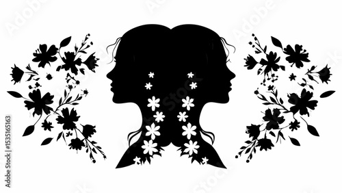 Silhouette of two women facing opposite directions surrounded by floral designs in a black and white image | eps vectors