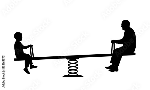 Child and Elderly Person Playing on a Spring Seesaw Black Silhouette