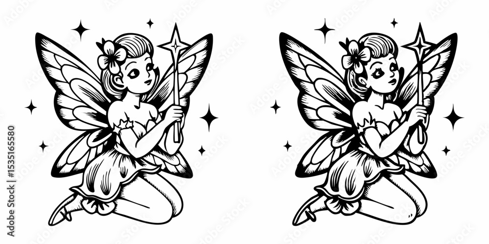 Fototapeta premium Two fairies with wings holding star wands surrounded by stars in a black and white illustration | eps vectors silhouette
