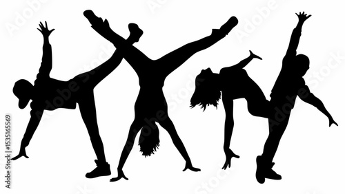Silhouettes of dancers in various poses demonstrating flexibility and dynamic movement on a white background | eps vectors