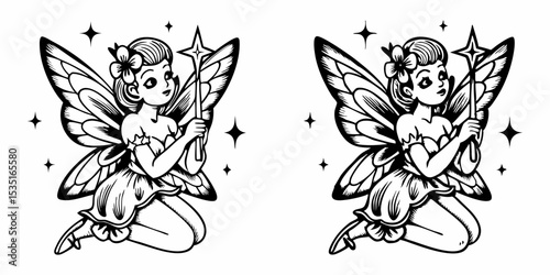 Two fairies with wings holding star wands surrounded by stars in a black and white illustration | eps vectors silhouette