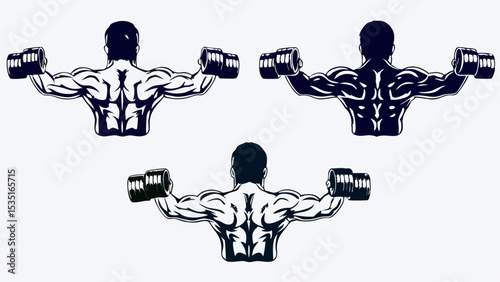 Three illustrations of muscular men lifting dumbbells showcasing back muscles and fitness regime in black and white | eps vectors silhouette