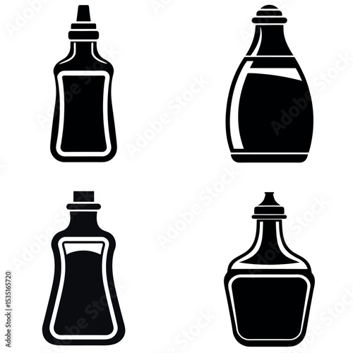 Black and White Illustration of Four Different Glass Bottles for Liquid