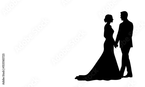 Silhouette of a couple holding hands on their wedding day