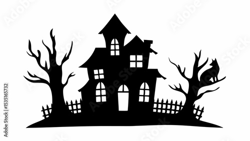 Silhouette of a haunted house with trees and a cat sitting on a branch in a spooky halloween scene | eps vectors