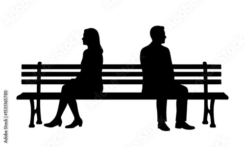 Silhouette of a couple sitting on a bench, facing away from each other
