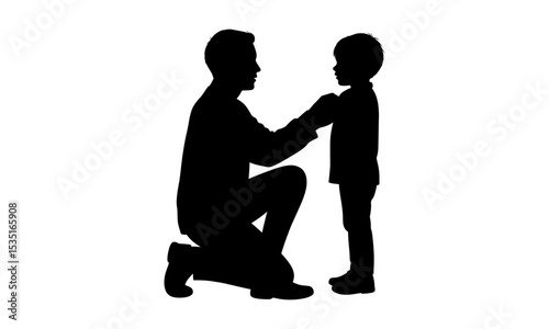 Silhouette of a man and child, father helping son with a task