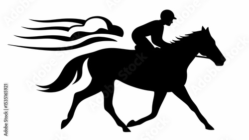 Silhouette of a jockey riding a horse with speed lines indicating motion and fast movement design | eps vectors