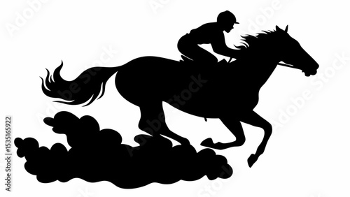 Silhouette of a jockey riding a horse at full speed with dust clouds trailing behind on a white background | eps vectors
