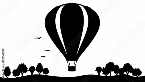 Silhouette of a hot air balloon over a landscape with trees and birds in black and white style | eps vectors