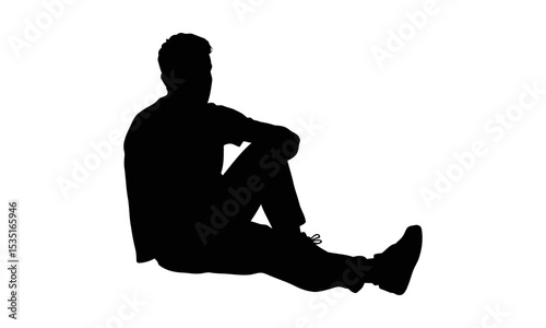 Silhouette of a man sitting alone, deep in thought isolated on transparent background