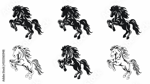 Six stylized horses in rearing position in black and white on a white background design element | eps vectors silhouette