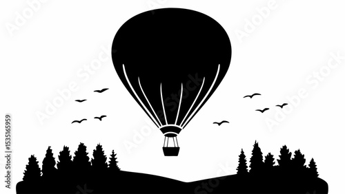 Silhouette of a hot air balloon flying over a forest with several birds in the sky on a white background | eps vectors