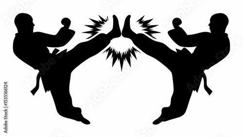 Two silhouetted figures performing a synchronized high kick in a martial arts demonstration style pose | eps vectors