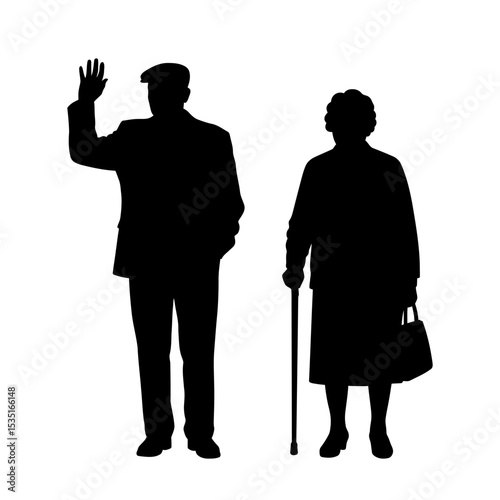 Silhouette of elderly couple walking together, holding hands