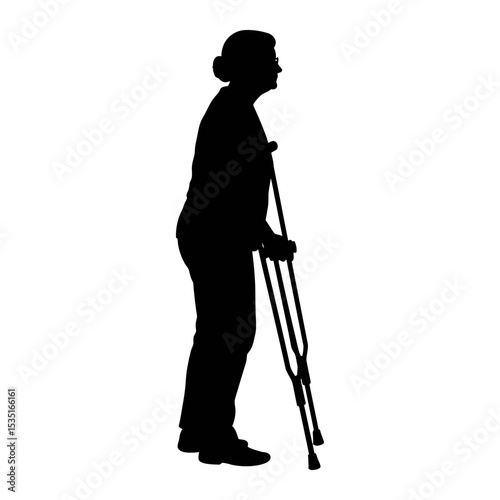 Silhouette of an elderly woman using crutches, symbolizing aging and independence