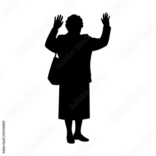 Silhouette of elderly woman raising both hands isolated on transparent background