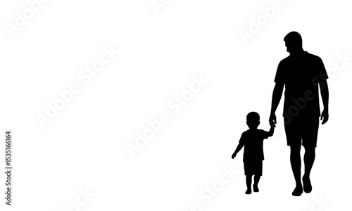 Silhouette of father and son walking together holding hands isolated on transparent background