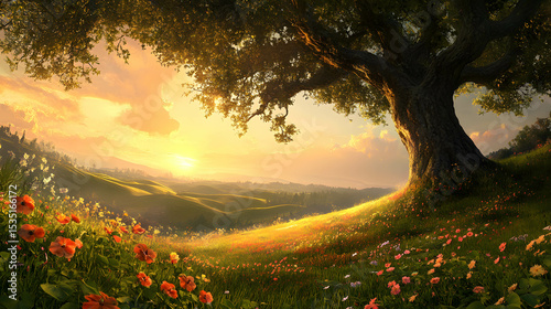 Sunset Over a Serene Landscape with a Majestic Tree and Wildflowers