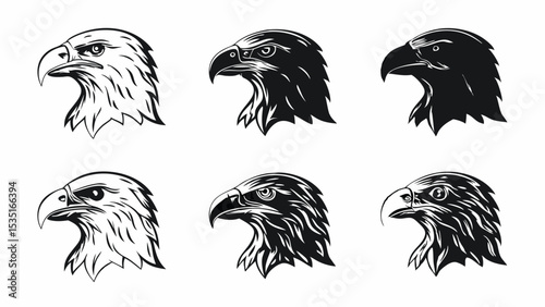 Collection of six eagle head illustrations in varying styles and monochrome color palettes design set | eps vectors silhouette photo