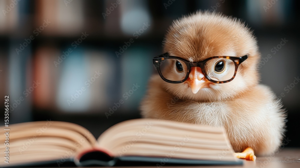A adorable chick wearing glasses curiously reads a book, evoking a sense of whimsy and playful intelligence, symbolizing the joy of learning and discovery in a fun way. A adorable chick wearing glasses curiously reads a book, evoking a sense of whimsy and playful intelligence, symbolizing the joy of learning and discovery in a fun way.
