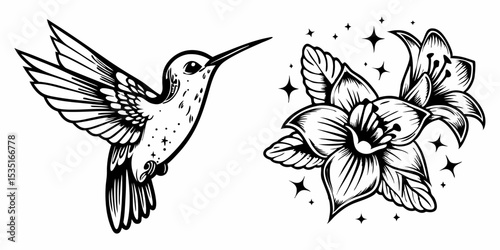 Wallpaper Mural Illustration of a hummingbird in flight next to a blooming flower with stars on a white background | eps vectors silhouette Torontodigital.ca