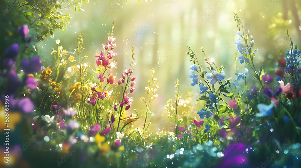 Fototapeta premium A vibrant garden filled with colorful flowers bathed in sunlight, creating a serene and enchanting atmosphere.