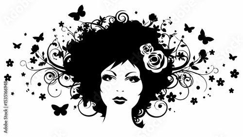 Silhouette of a woman with floral hair and butterflies surrounding her in a black and white design art | eps vectors