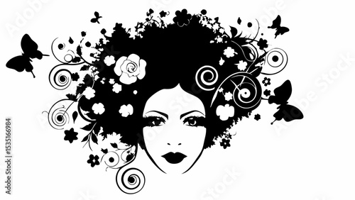 Silhouette of a woman with floral hair and butterflies surrounding her face in black and white design | eps vectors