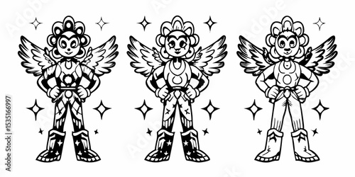 Three similar winged flower headed figures in armor standing with stars around them in black and white | eps vectors silhouette
