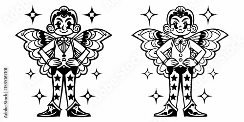 Two cartoon fairies with wings and stars in a black and white illustration style drawing design | eps vectors silhouette