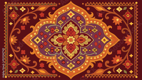 Oriental mandala motif with red and gold floral ornament seamless pattern