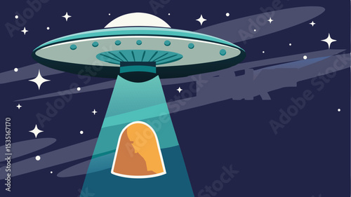 UFO flying in space with stars moon and planet cartoon spaceship illustration