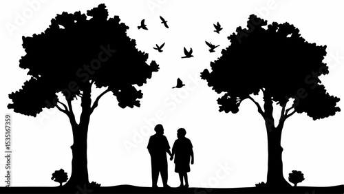 Silhouette of elderly couple holding hands under trees with birds flying above on a white background | eps vectors
