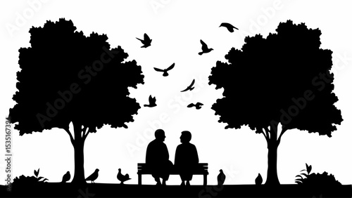 Silhouette of elderly couple on bench surrounded by trees and flying birds in black and white style | eps vectors